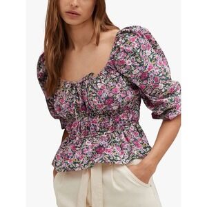 MNG Floral Smocked Peplum Top‎ Square Neck Puff Sleeve Pink Green Women's S